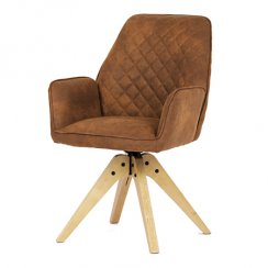Židle jídelní s područkami, hnědá látka, dubové nohy, otočná P90°+ L 90° s vratným mechanismem - fun
